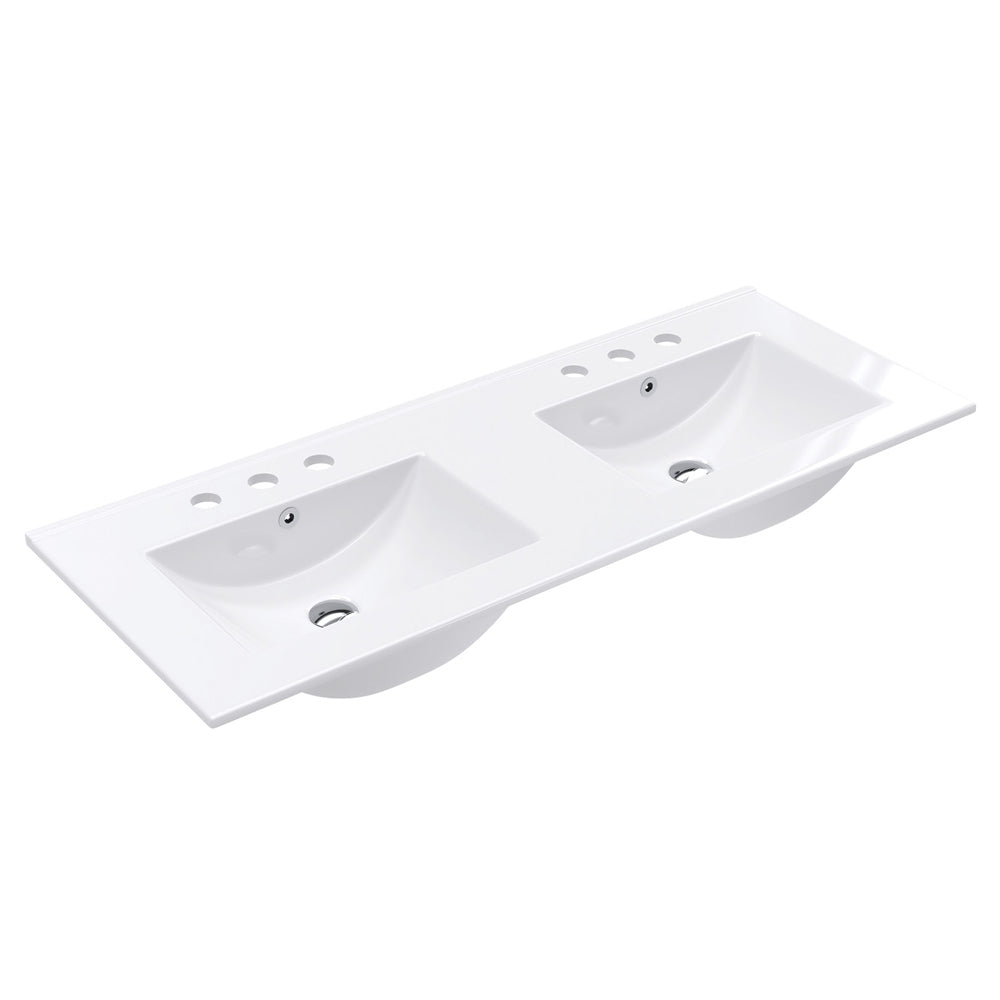 Fienza Dolce Ceramic Basin Top 1200 x 460mm Double Bowl 3TH Suits AU Made Vanities Only, Gloss White