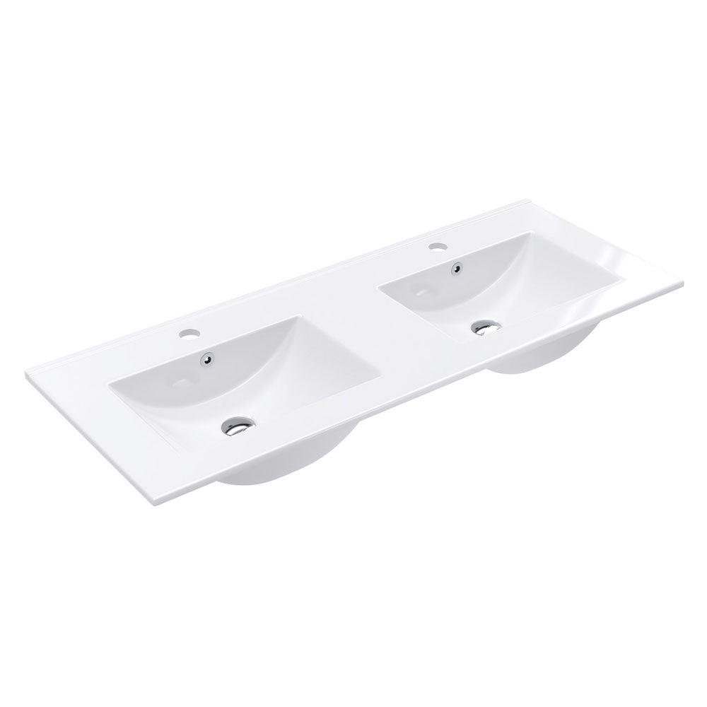 Fienza Dolce Ceramic Basin Top 1200 x 460mm Double Bowl 1TH Suits AU Made Vanities Only, Gloss White