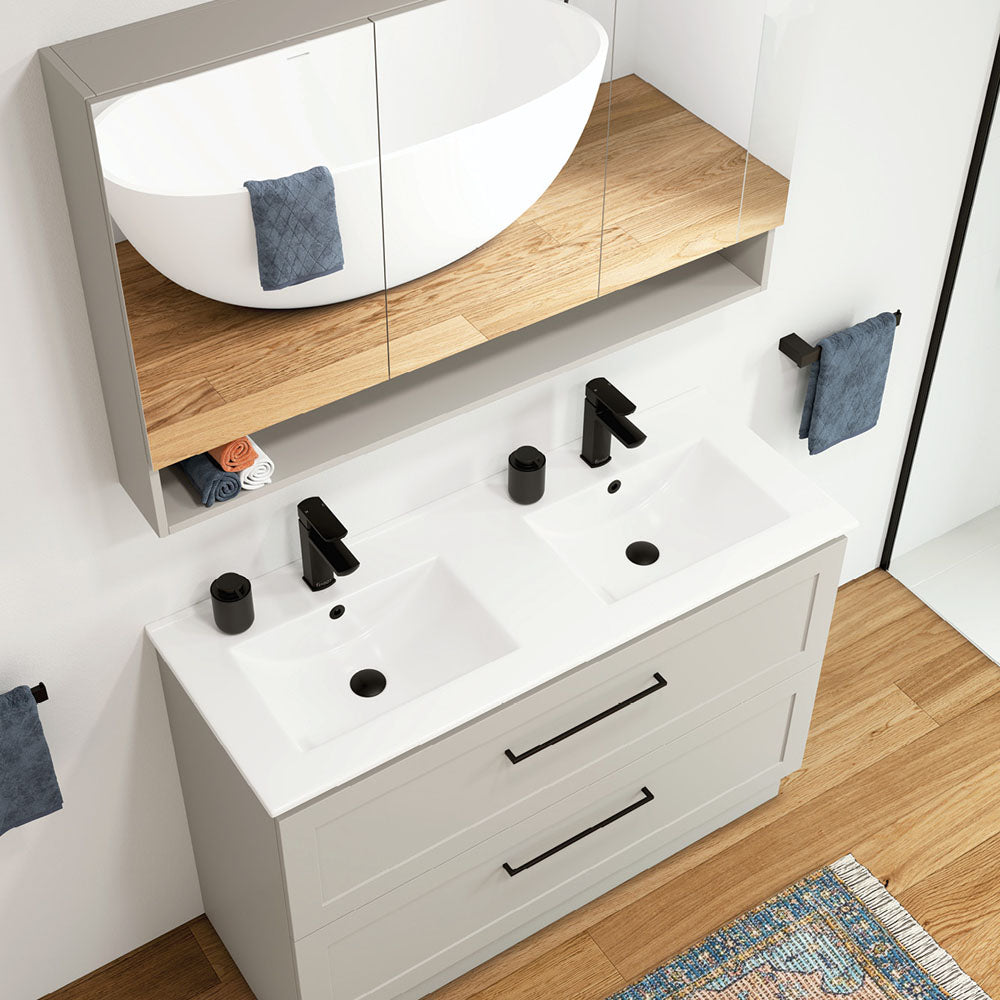 Fienza Dolce Ceramic Basin Top 1200 x 460mm Double Bowl 1TH Suits AU Made Vanities Only, Gloss White