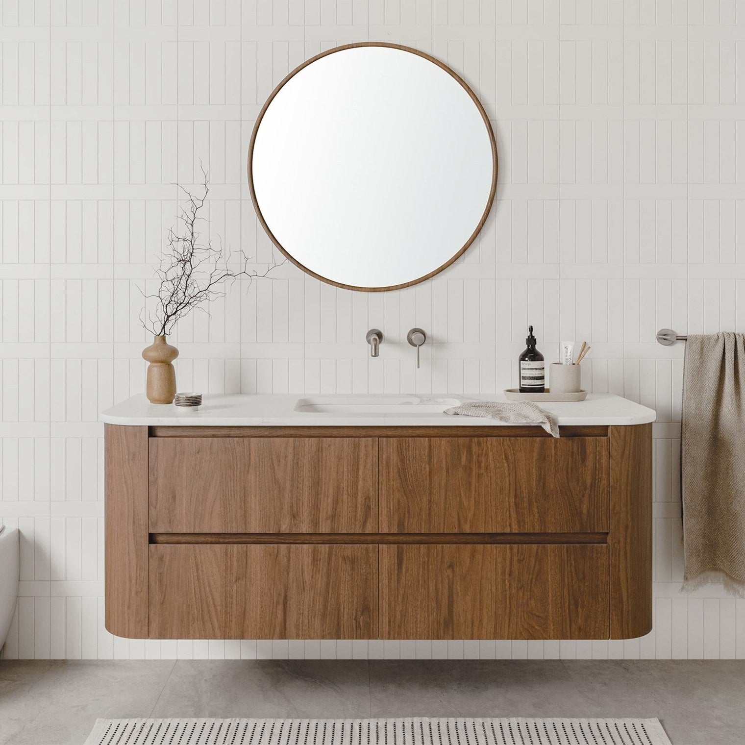 Thea 1500 Centre Bowl vanity, Florentine Walnut cabinet finish, 20mm Michelangelo Cherry Pie benchtop and Bevel-Grip Finger Pull

