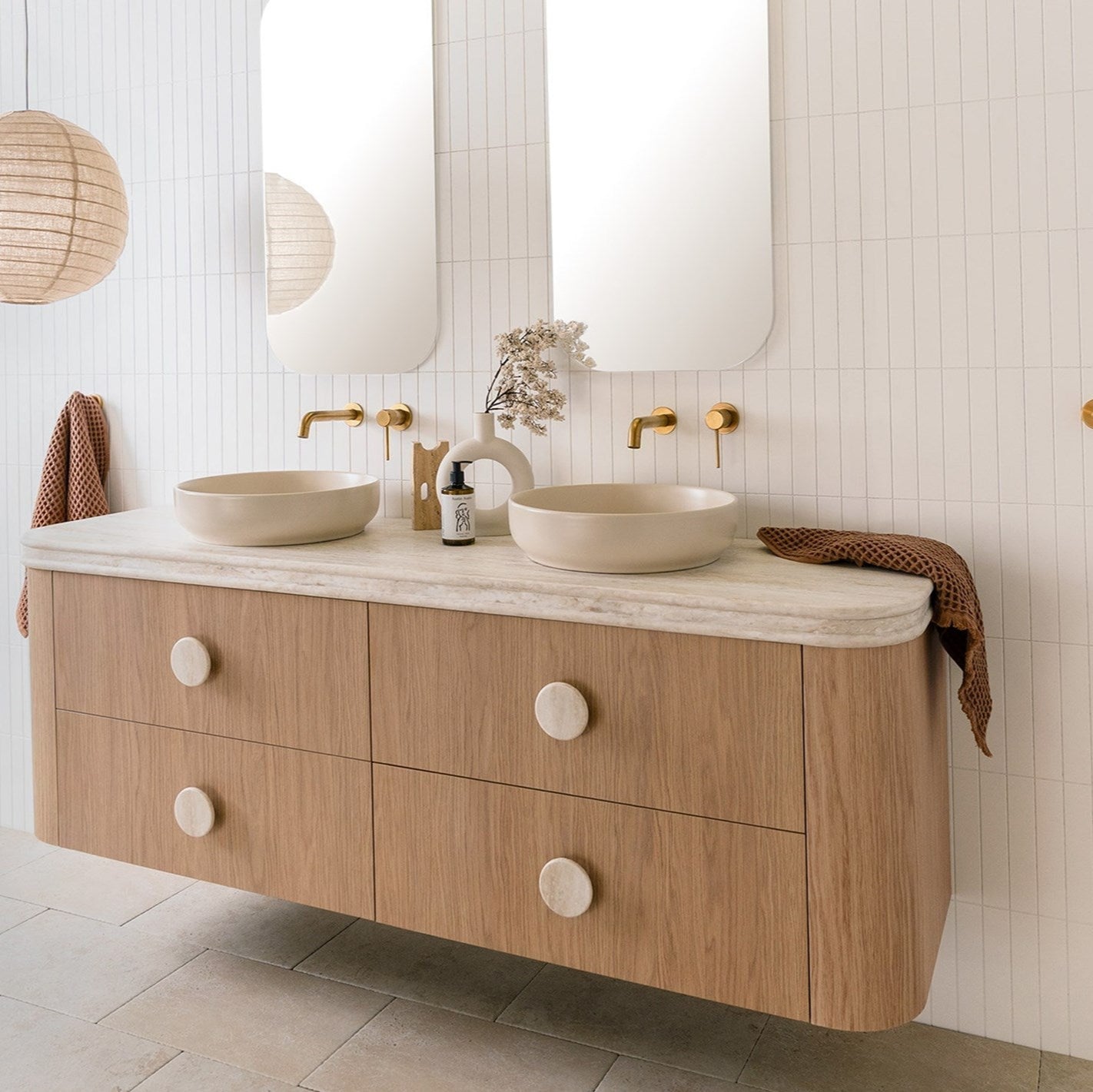 
Monroe Matte Ivory Basins (x2), Soul Wall Spout & Wall Mixer in Brushed Brass


