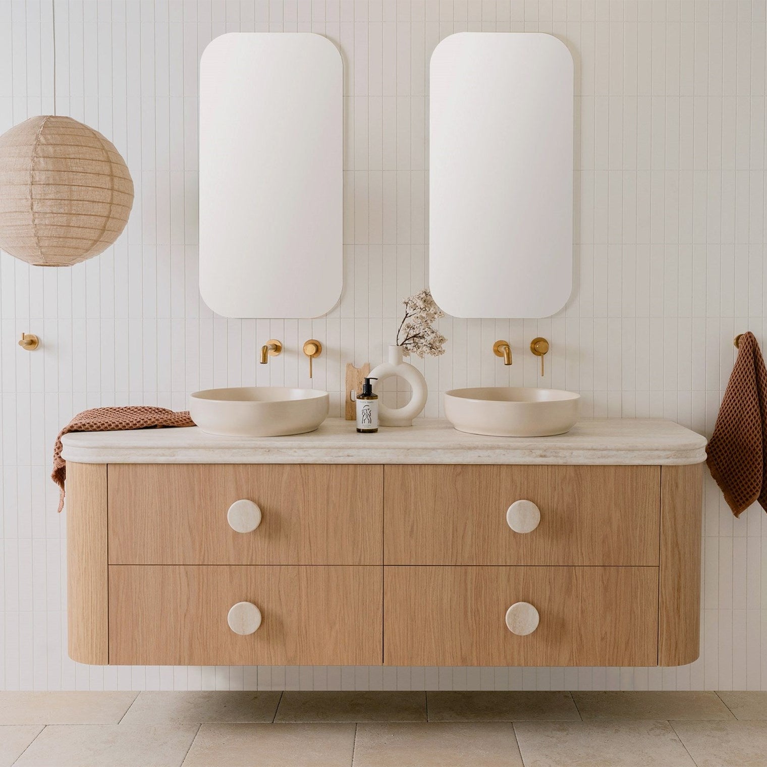 Thea 1800 Double Bowl vanity, Boston Oak cabinet finish, 60mm Sakal Royale benchtop upgrade and Vale Handle in Sakal

