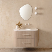 Thea 900 Centre Bowl vanity, Ceramic Moulded Top, Coastal Oak cabinet finish and Eden Handle in Sakal

