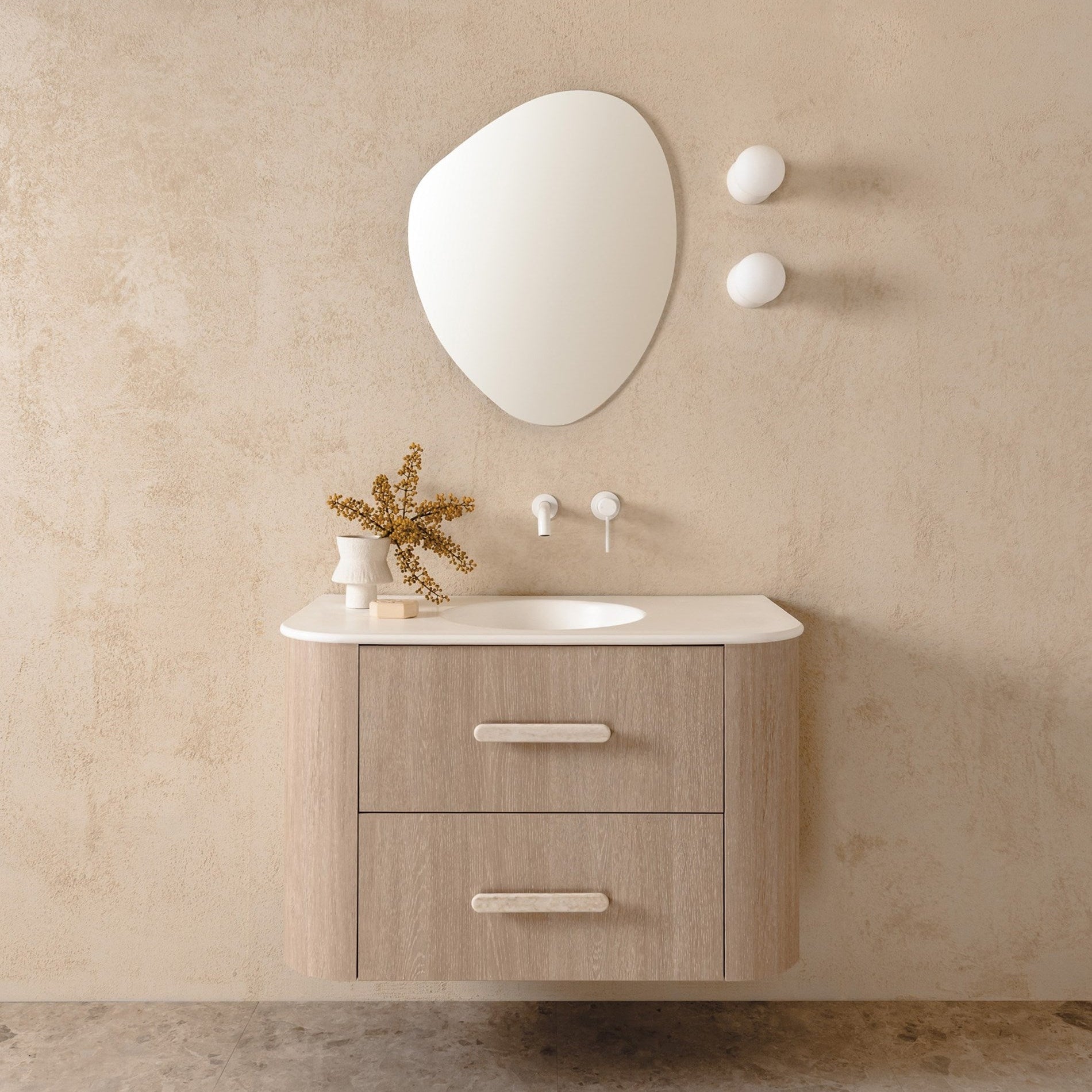 Thea 900 Centre Bowl vanity, Ceramic Moulded Top, Coastal Oak cabinet finish and Eden Handle in Sakal


