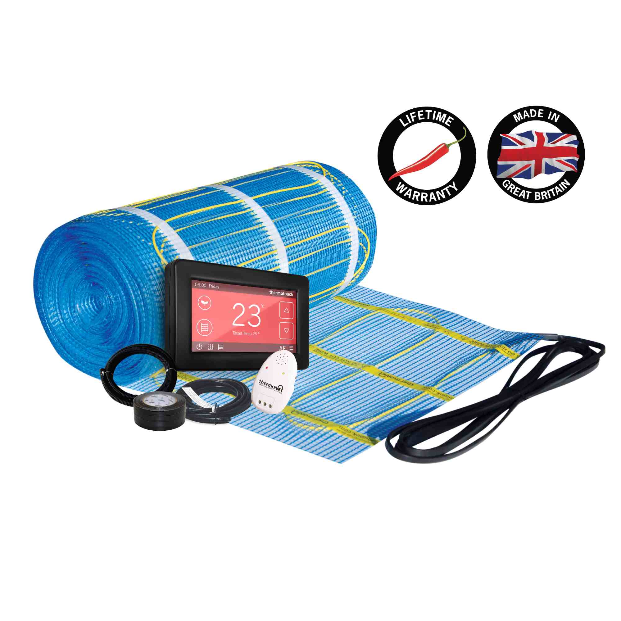 Thermogroup Thermonet 150W/m² Self Adhesive 12x0.5m - 6.0m² 900Watts Floor Heating Kit Including Black 5246 Dual Thermostat