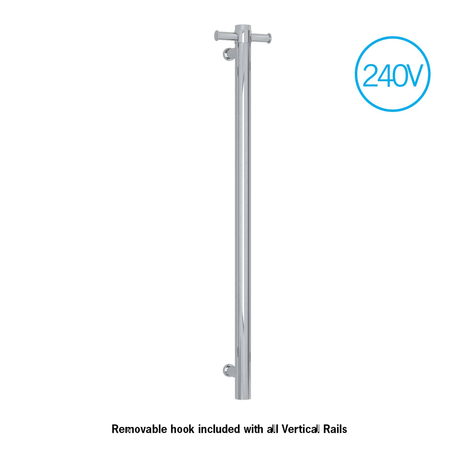 Thermogroup Thermorail Straight/Round 240Volt Vertical Bar 900x142x100mm 20Watt With Optional Hook, Polished Stainless Steel