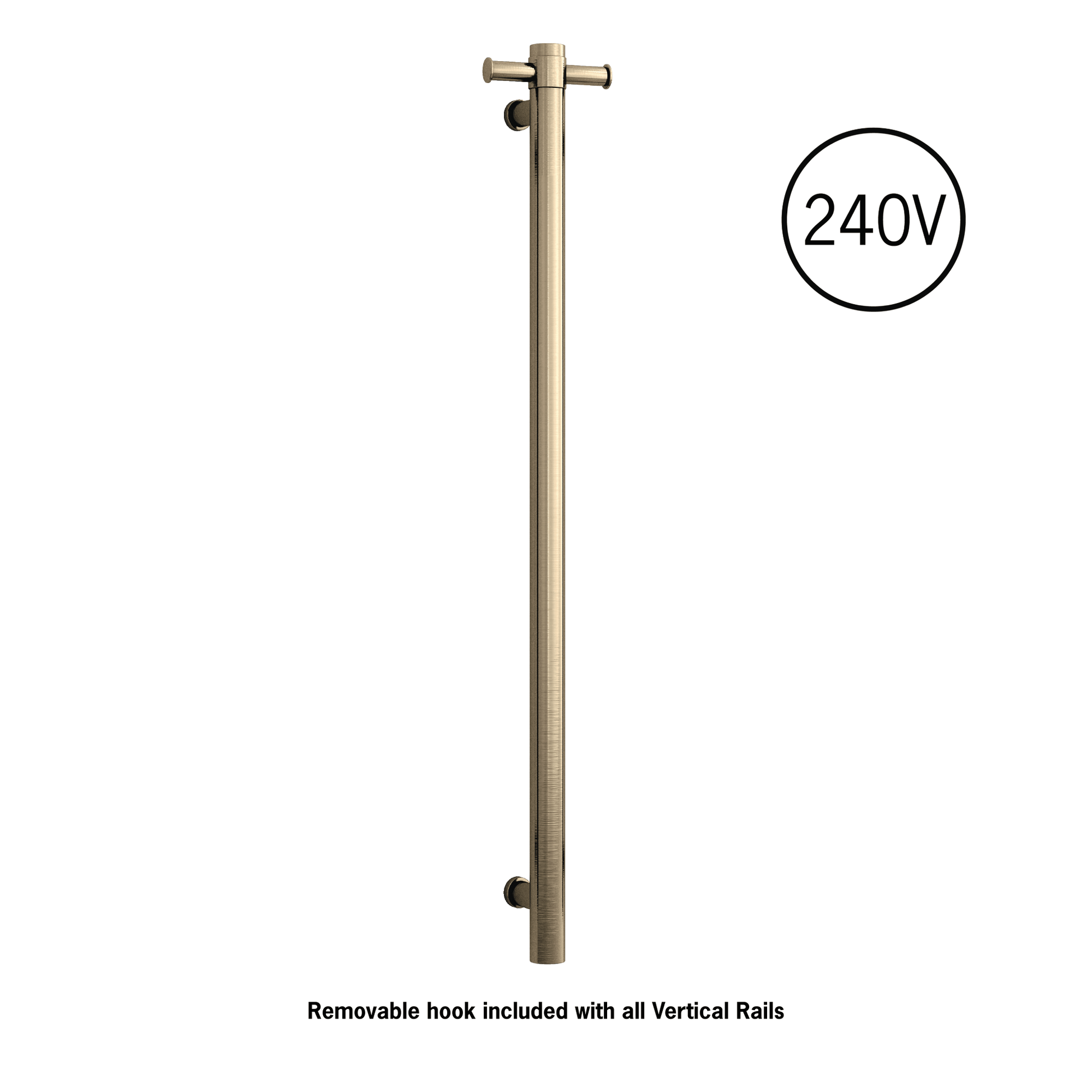 Thermogroup Thermorail Straight/Round 240Volt Vertical Bar 900x142x100mm 20Watt With Optional Hook, Brushed Brass