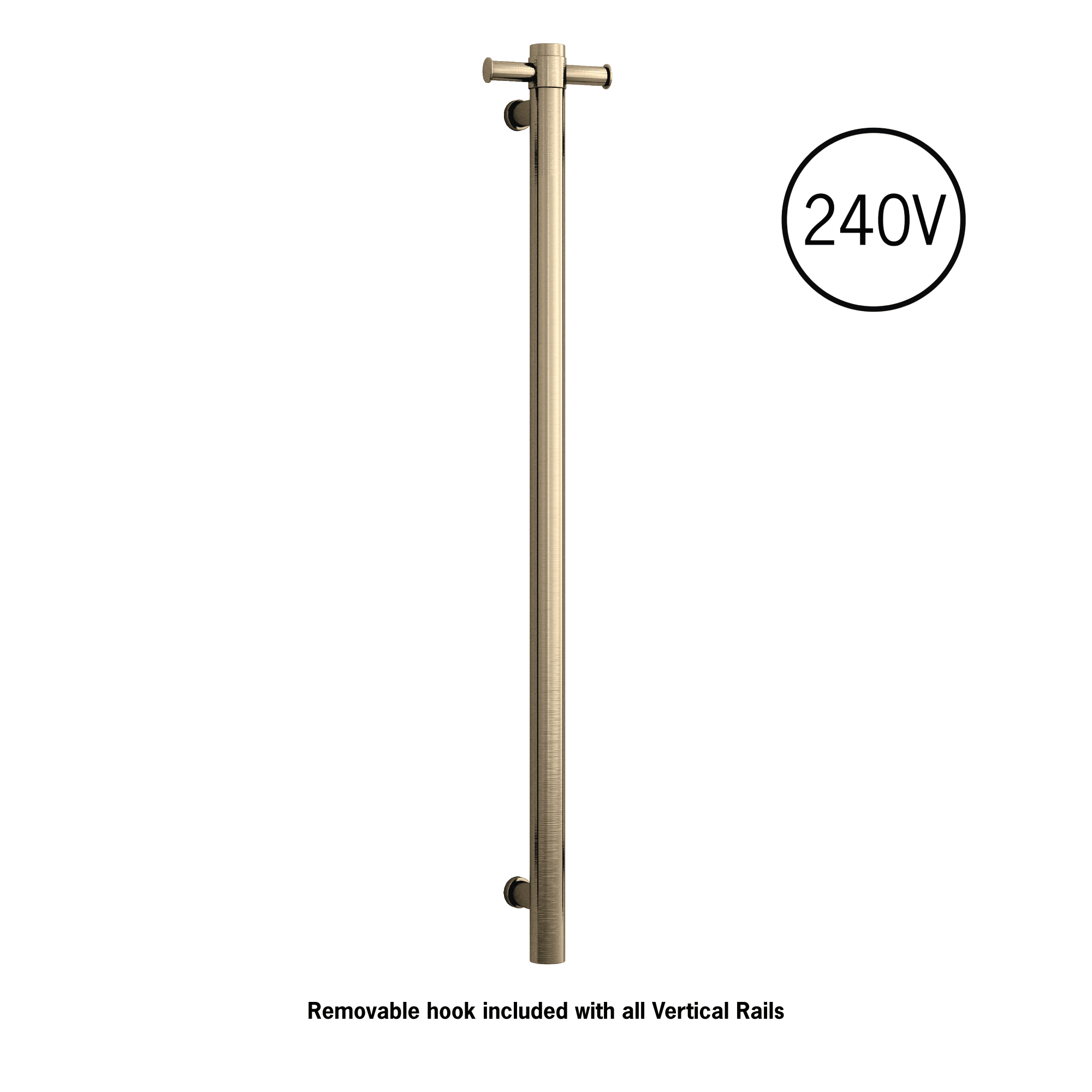 Thermogroup Thermorail Straight/Round 240Volt Vertical Bar 900x142x100mm 20Watt With Optional Hook, Brushed Brass
