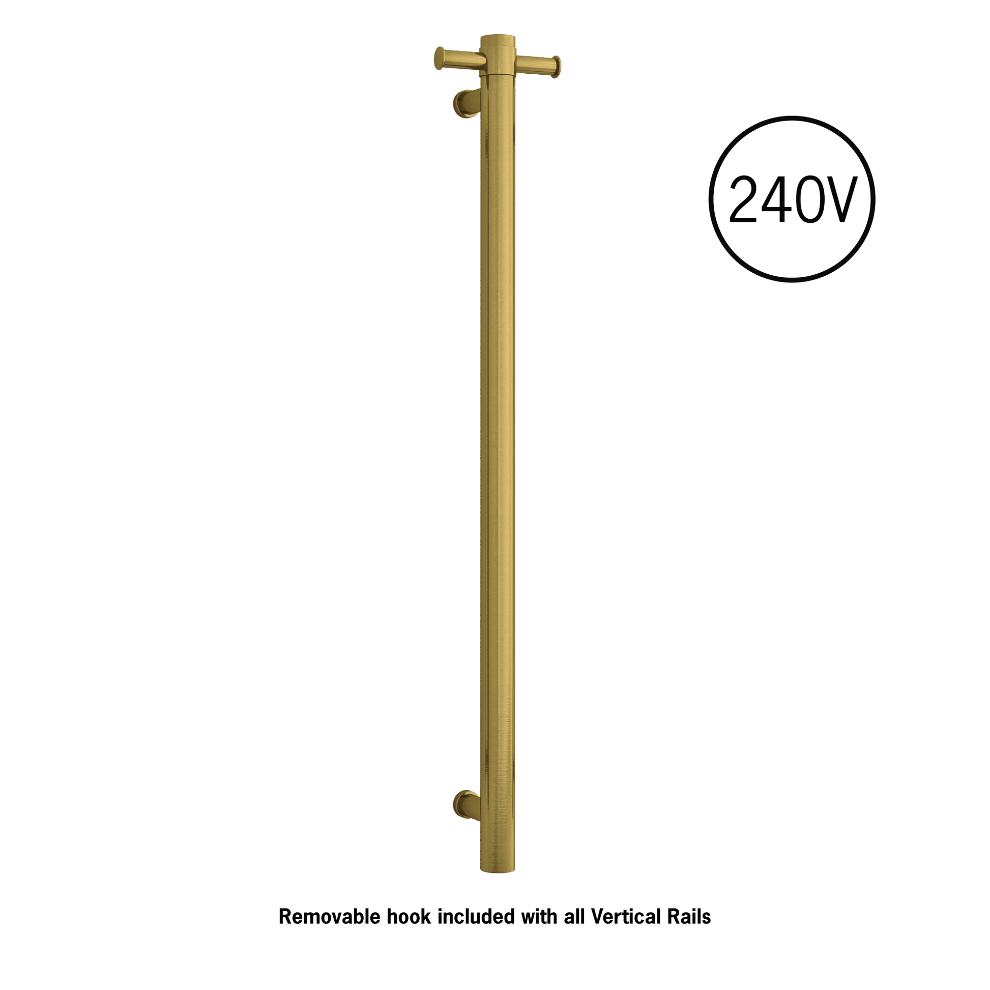 Thermogroup Thermorail Straight/Round 240Volt Vertical Bar 900x142x100mm 20Watt With Optional Hook, Brushed Gold