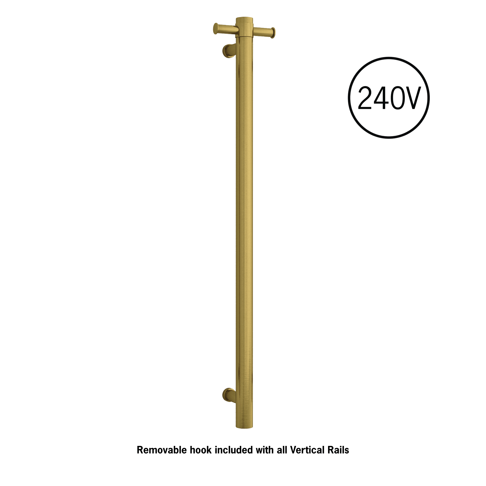 Thermogroup Thermorail Straight/Round 240Volt Vertical Bar 900x142x100mm 20Watt With Optional Hook, Brushed Gold