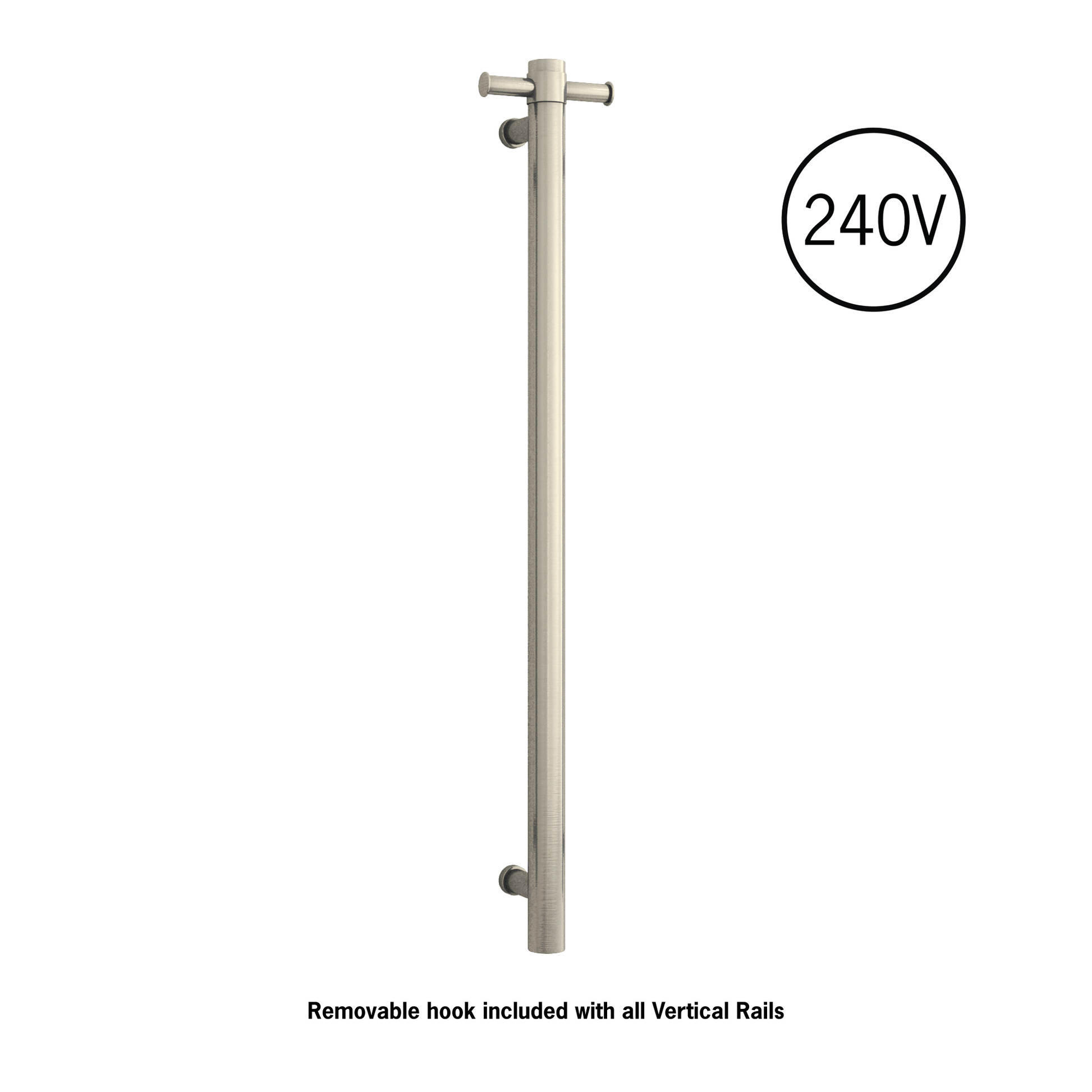 Thermogroup Thermorail Straight/Round 240Volt Vertical Bar 900x142x100mm 20Watt With Optional Hook, Brushed Nickel