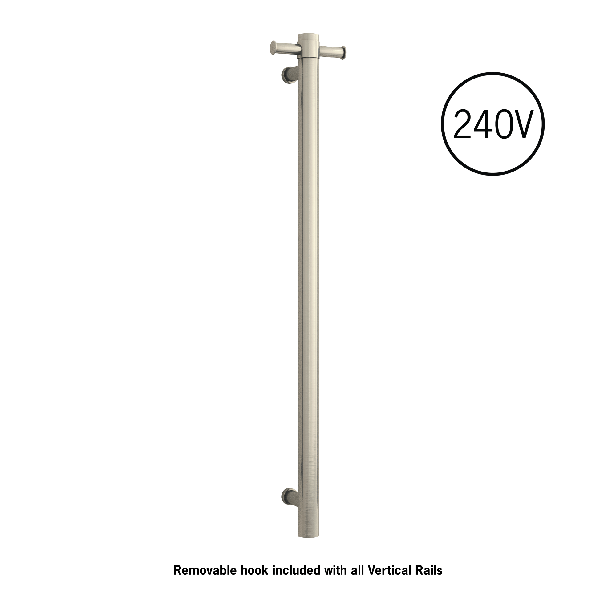 Thermogroup Thermorail Straight/Round 240Volt Vertical Bar 900x142x100mm 20Watt With Optional Hook, Brushed Nickel