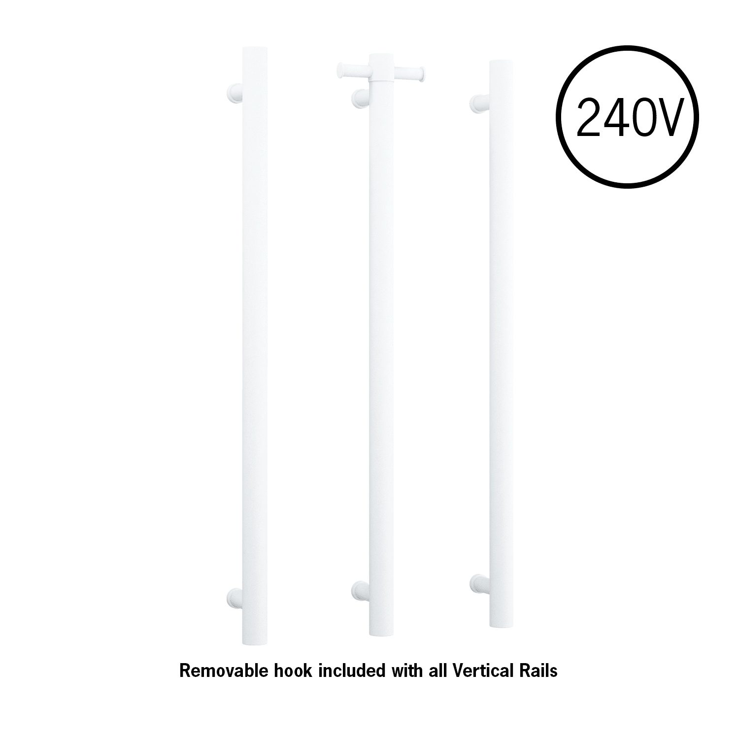 Thermogroup Thermorail Straight/Round 240Volt Vertical Bar 900x142x100mm 22Watts With Optional Hook, Matt White