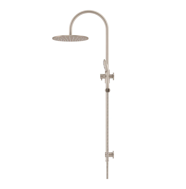 Meir 300mm Round Gooseneck Overhead Shower Rail, Three Function Hand Shower, Champagne