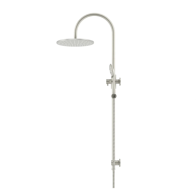 Meir 300mm Round Gooseneck Overhead Shower Rail, Three Function Hand Shower, Brushed Nickel