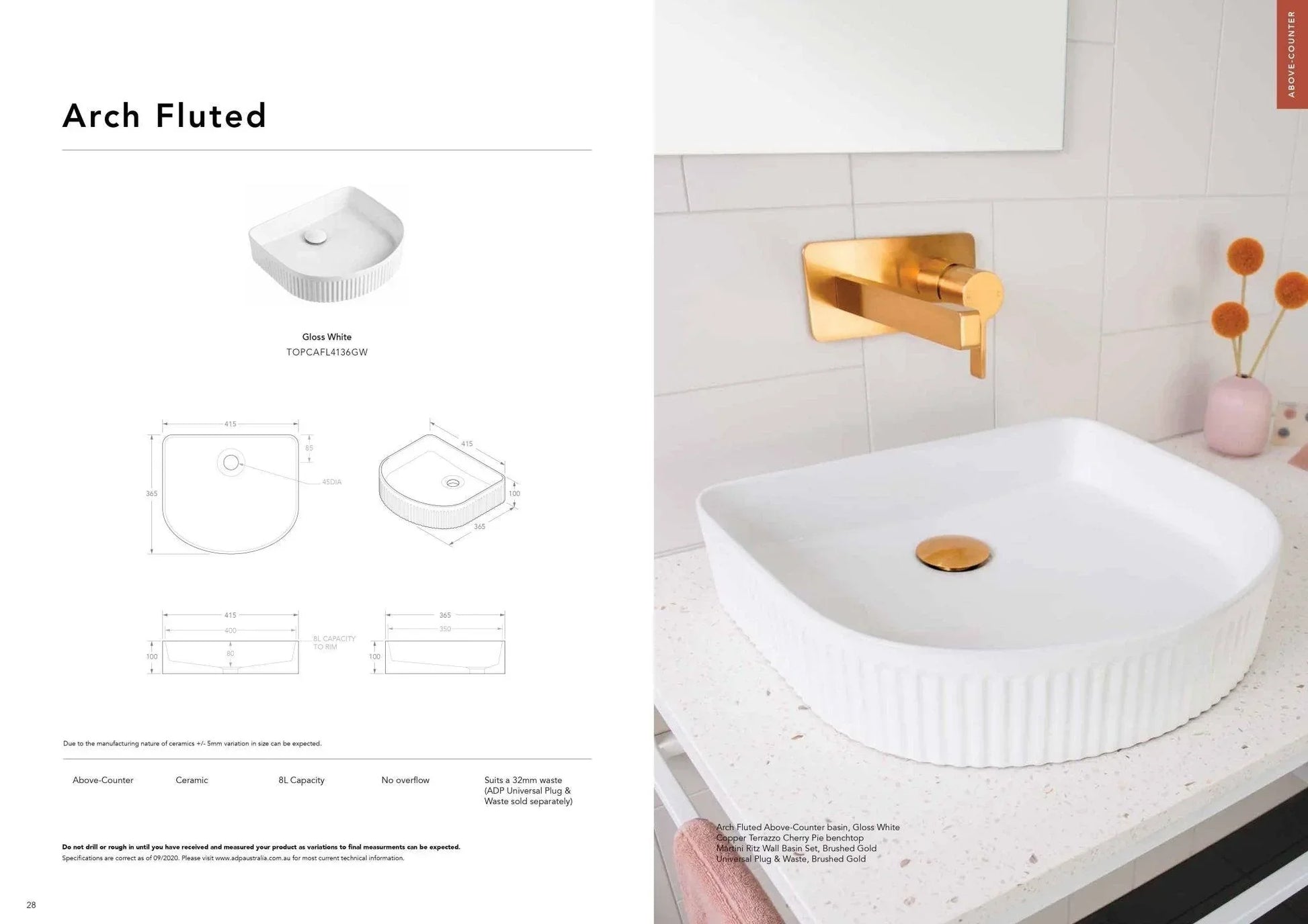 ADP Arch Fluted Ceramic Above Counter Basin - Matte White - Ideal Bathroom CentreTOPCAFL4136MW