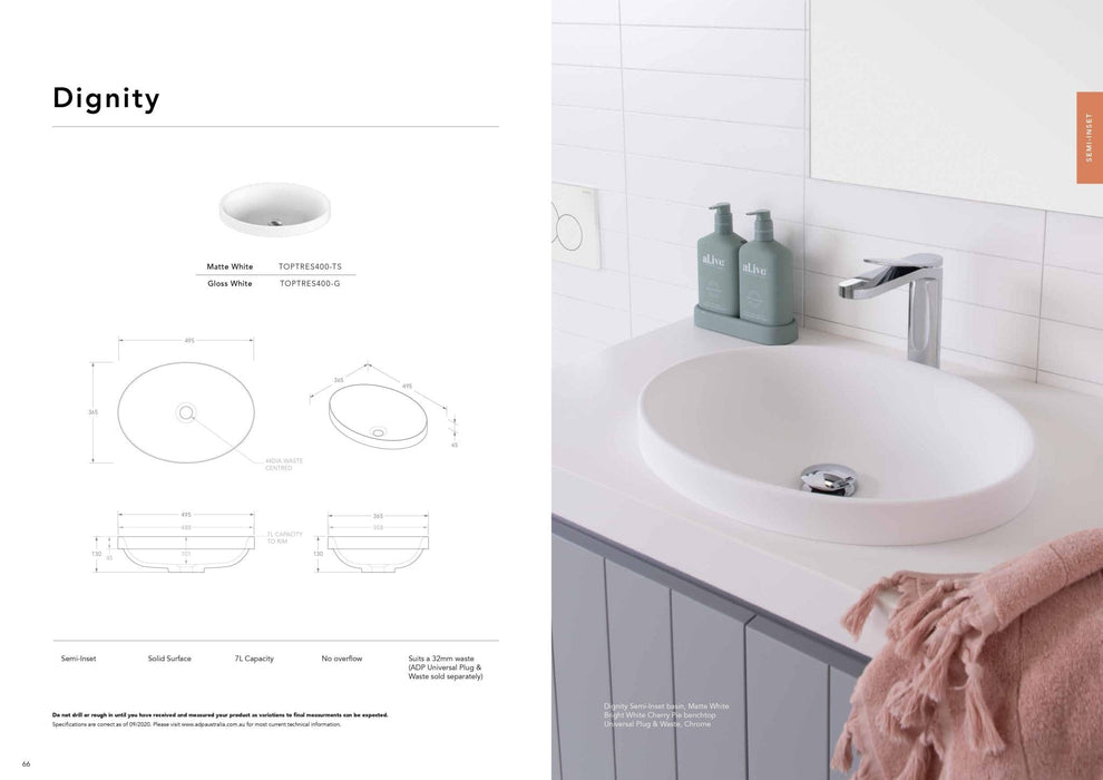 ADP Dignity Solid Surface Semi Inset Basin - Matte White - Ideal Bathroom CentreTOPTDIG5037 - TS