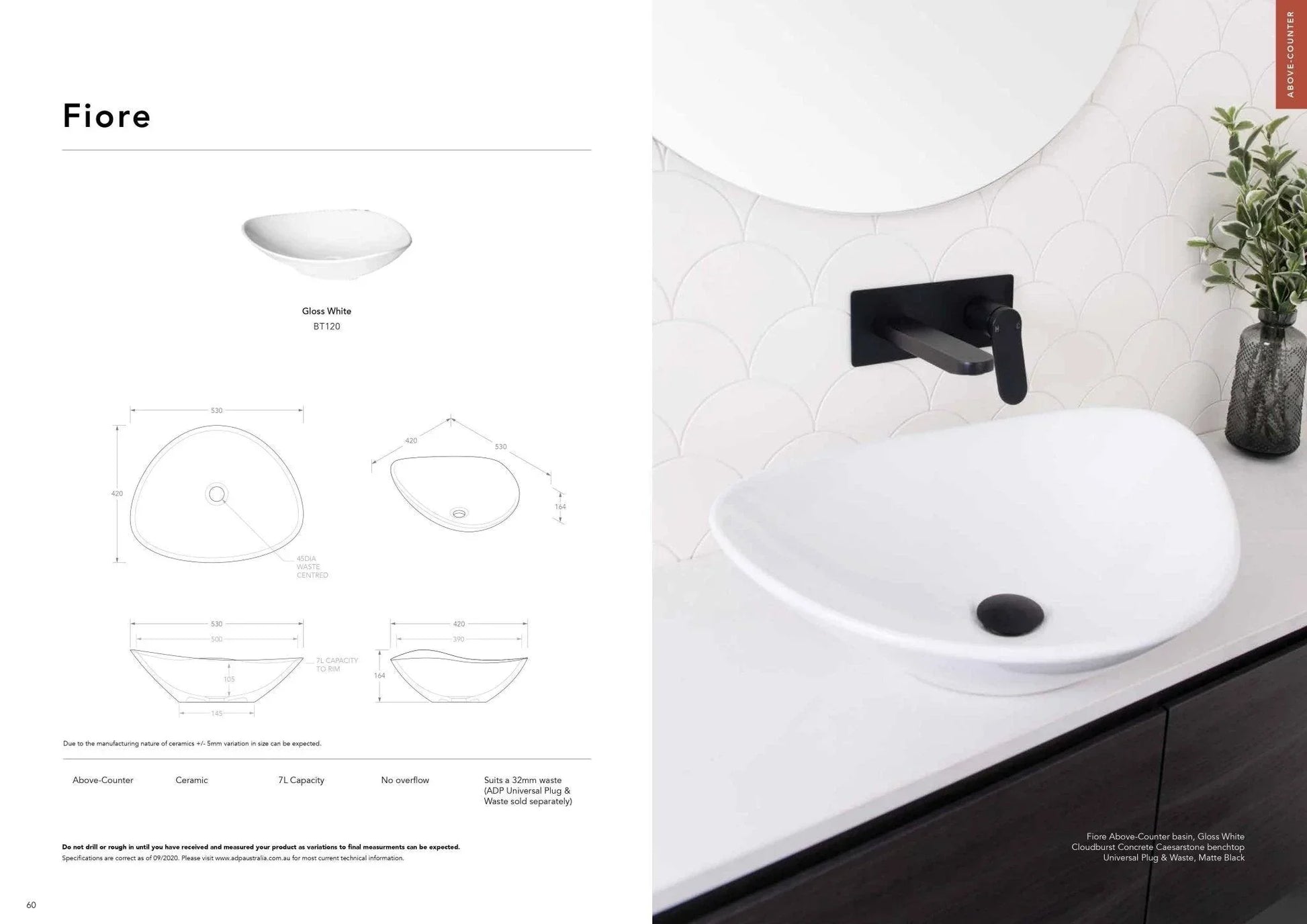 ADP Fiore Ceramic Above Counter Basin - Matte White - Ideal Bathroom CentreTOPCFIR5342MW