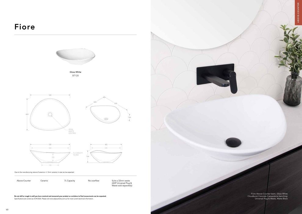 ADP Fiore Ceramic Above Counter Basin - Matte White - Ideal Bathroom CentreTOPCFIR5342MW