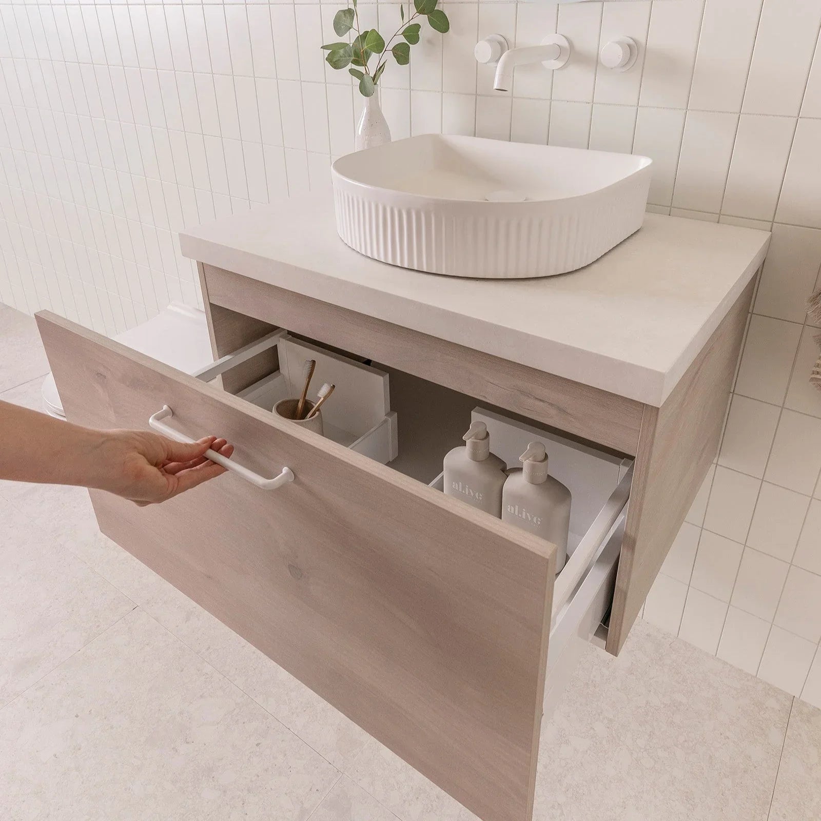 ADP Glacier Benchtop Slim Wall Hung Vanity All Drawer - Ideal Bathroom CentreGLLFAS0600WHCCP600mmCentre BasinLite Fresh White Interior