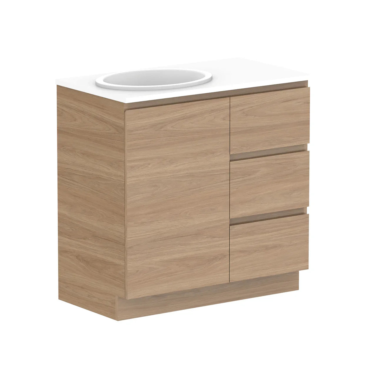 ADP Glacier Benchtop Trio Freestanding Vanity Door & Drawer - Ideal Bathroom CentreGLLFCW0900WKLCP900mmLeft Hand BasinLite Fresh White Interior