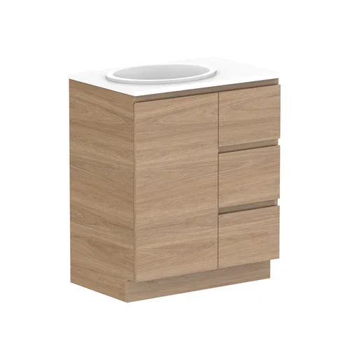 ADP Glacier Door and Drawer Trio Freestanding Vanity - 750mm / Stone Benchtop / Left Hand Bowl