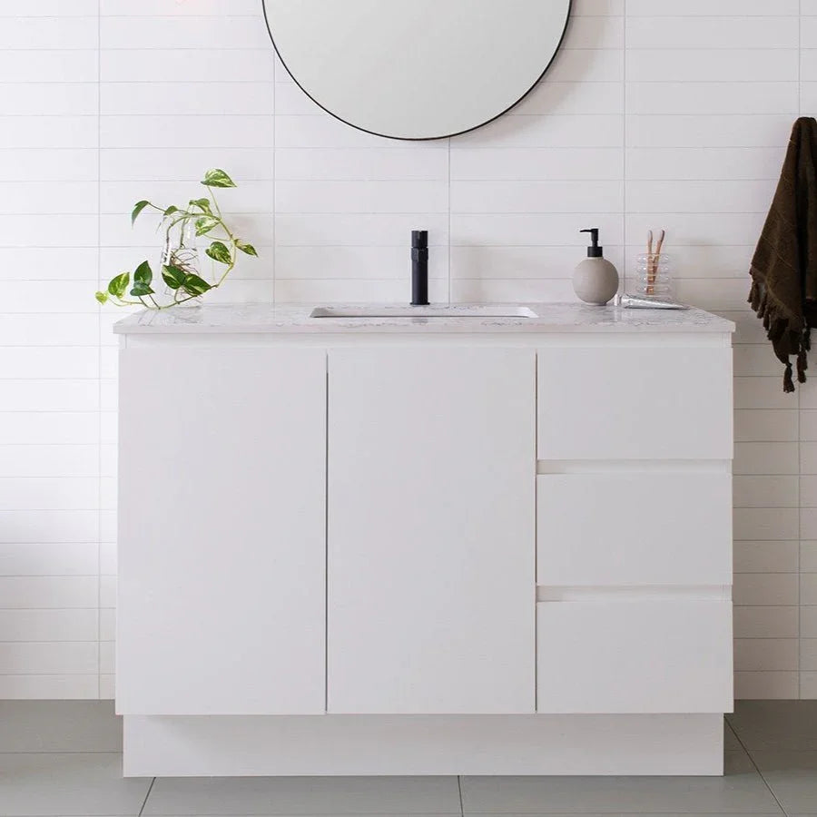 ADP Glacier Benchtop Trio Freestanding Vanity Door & Drawer - Ideal Bathroom CentreGLLFCW0750WKCCP750mmCentre BasinLite Fresh White Interior