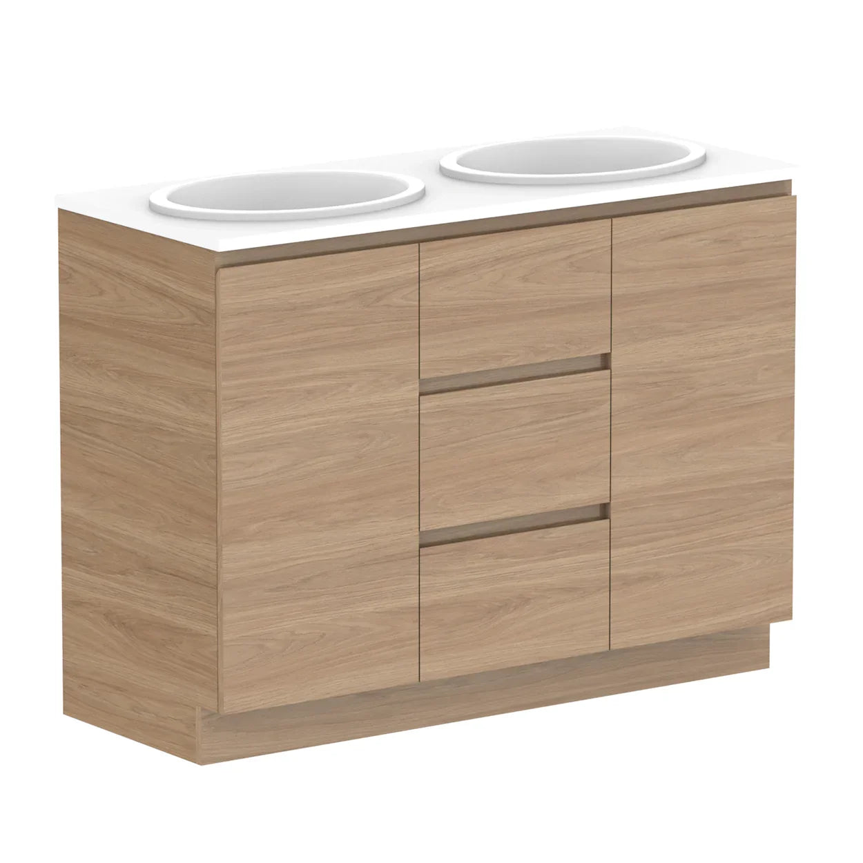 ADP Glacier Benchtop Trio Freestanding Vanity Door & Drawer - Ideal Bathroom CentreGLLFCW1200WKDCP1200mmDouble Bowl BasinLite Fresh White Interior