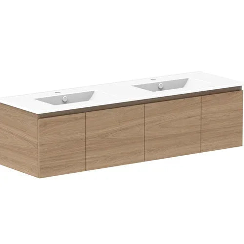 ADP Glacier Door and Drawer Slim Wall Hung Vanity - 1500mm / Ceramic Moulded Top / Double Bowl