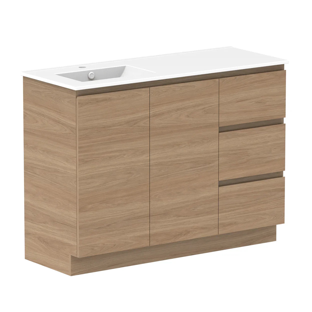 ADP Glacier Ceramic Trio Freestanding Vanity Door & Drawers - Ideal Bathroom CentreGLLFCW1200WKLCP1200mmLeft Hand BasinLite Fresh White Interior