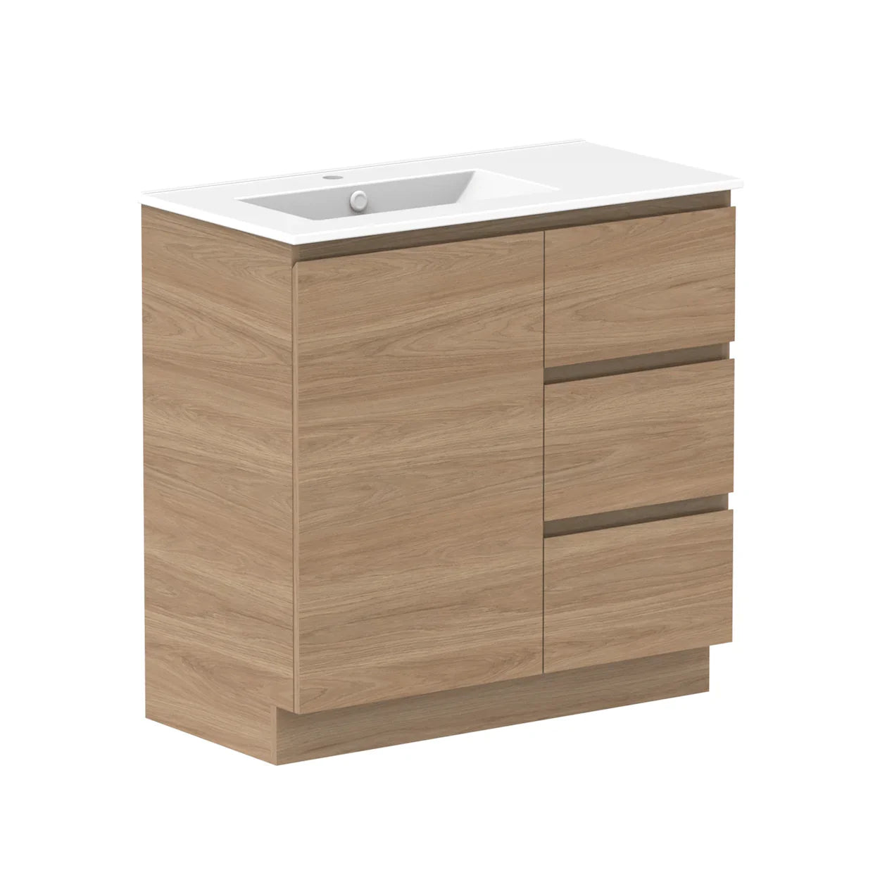 ADP Glacier Ceramic Trio Freestanding Vanity Door & Drawers - Ideal Bathroom CentreGLLFCW0900WKLCP900mmLeft Hand BasinLite Fresh White Interior