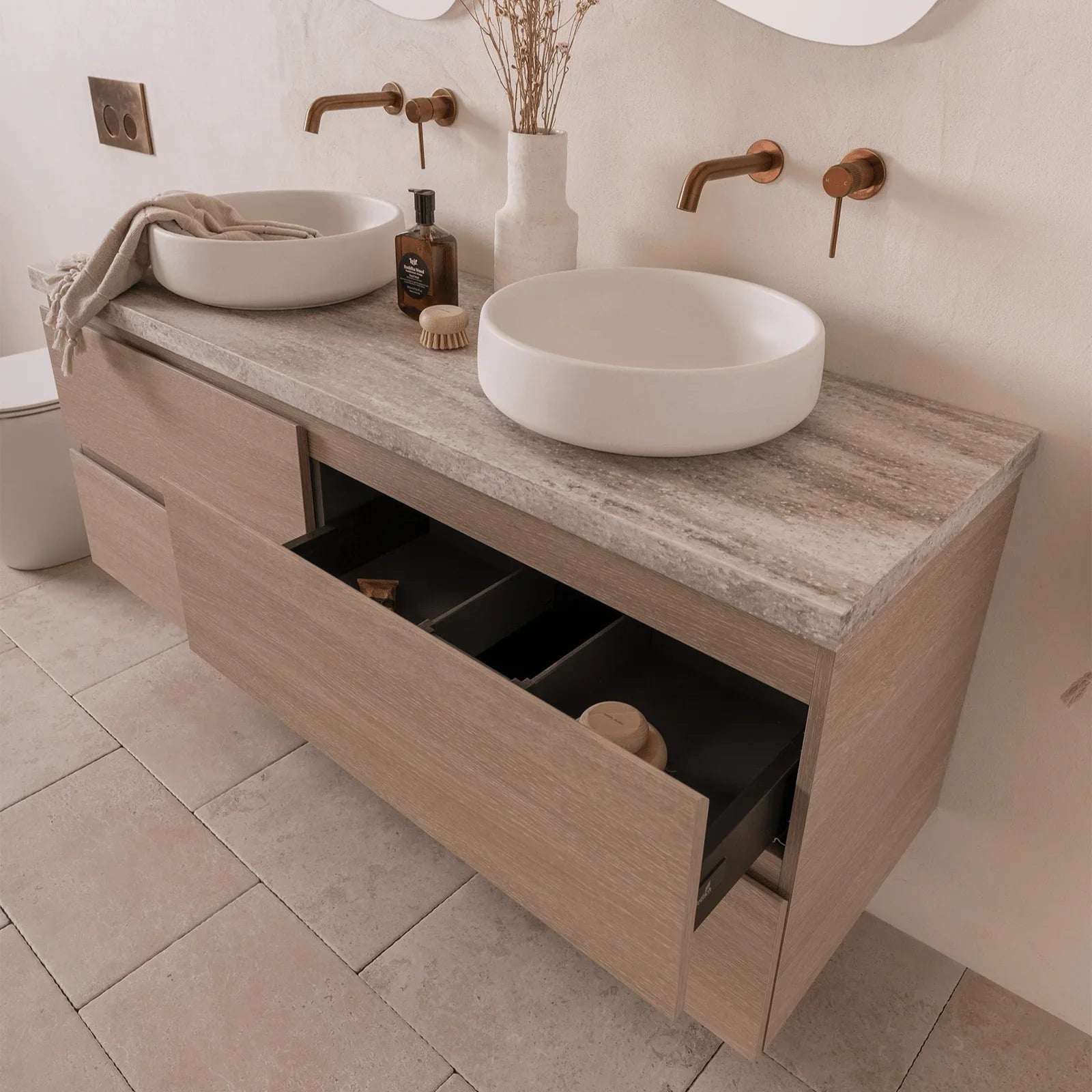 ADP Glacier Twin Custom 600 - 2400mm Wall Hung Vanity All Drawer - Ideal Bathroom CentreGLLFAW0600WHCCP450 - 600mmCentre BasinLite Fresh White Interior