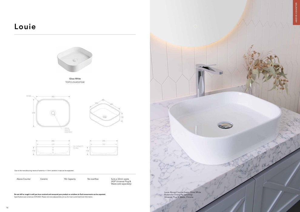 ADP Louie Ceramic Above Counter Basin - Matte White - Ideal Bathroom CentreTOPCLOU4537MW