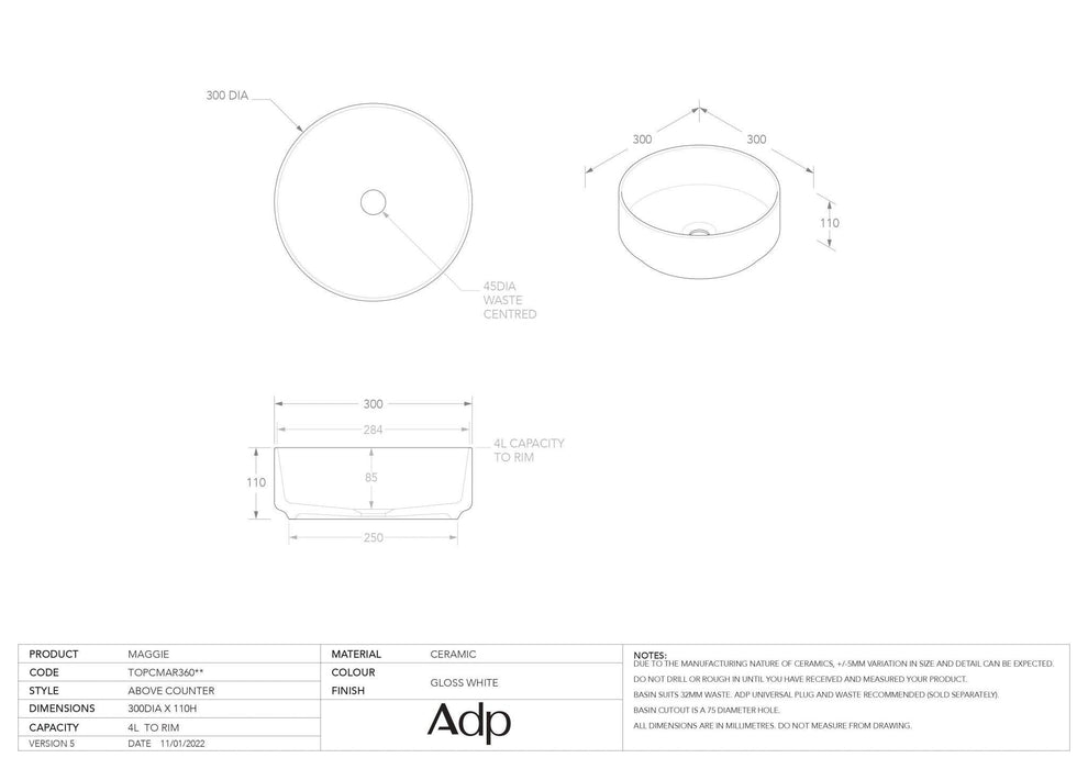 ADP Maggie 300mm Ceramic Above Counter Basin - Matte White - Ideal Bathroom CentreTOPCMAG300MW