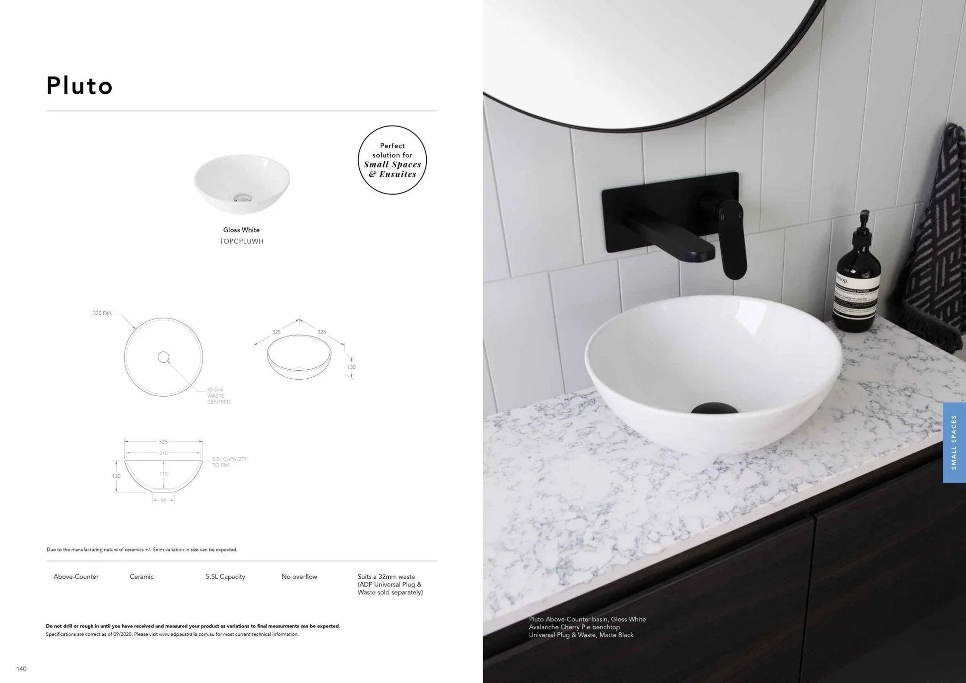 ADP Pluto Ceramic Above Counter Basin - Matte White - Ideal Bathroom CentreTOPCPLUMW