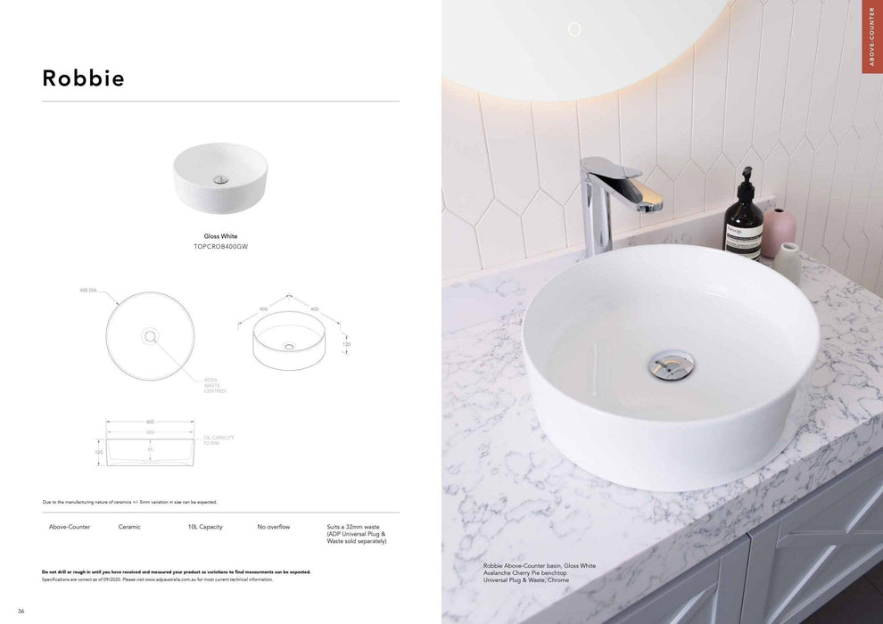 ADP Robbie Ceramic Above Counter Basin - Matte White - Ideal Bathroom CentreTOPCROB400MW