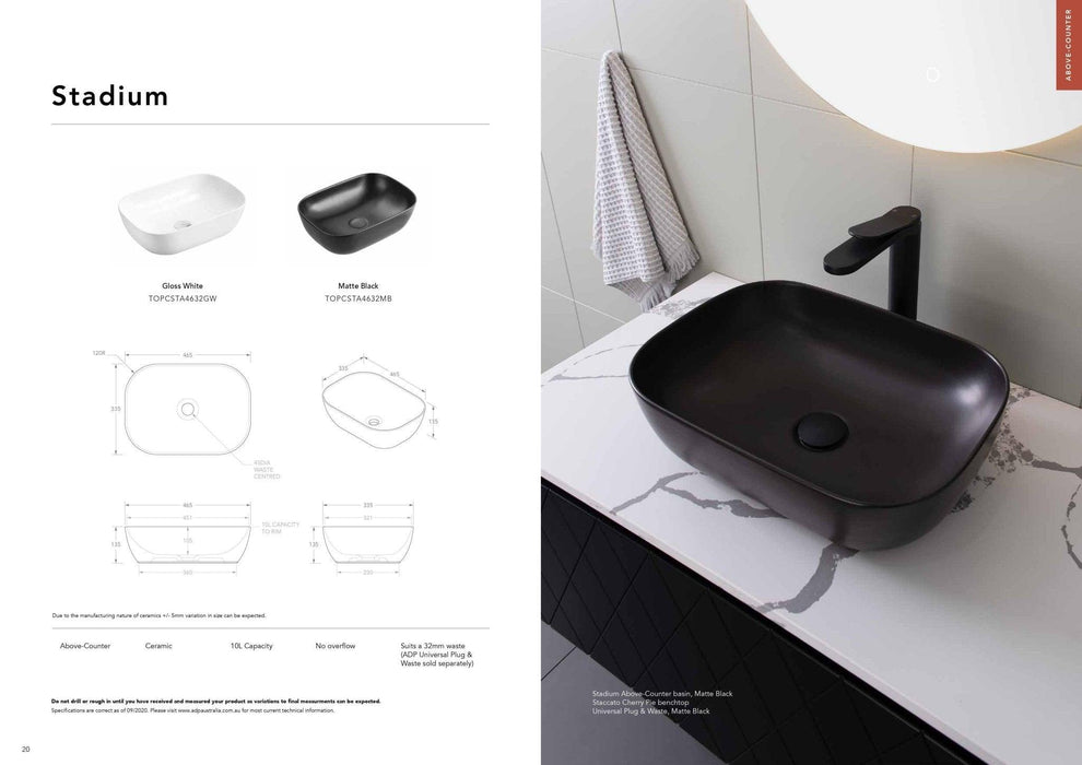 ADP Stadium Ceramic Above Counter Basin - Matte Black - Ideal Bathroom CentreTOPCSTA4632MB