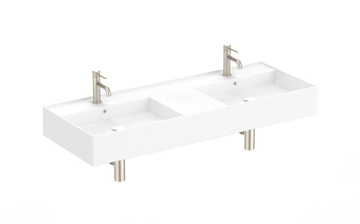 ADP Teorema 1200 mm Ceramic Wall Hung Basin, Gloss White — Double Bowl / 1 tap hole per bowl