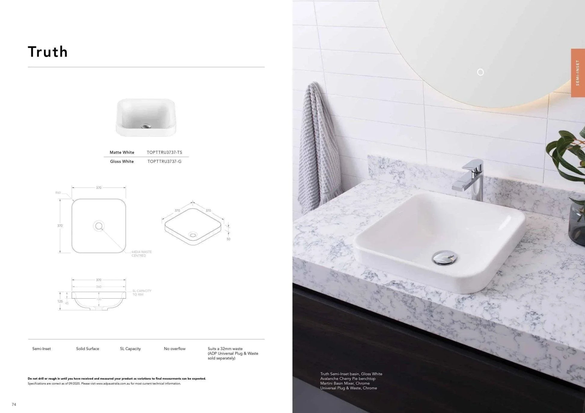 ADP Truth Solid Surface Semi Inset Basin - Matte White - Ideal Bathroom CentreTOPTTRU3737 - TS