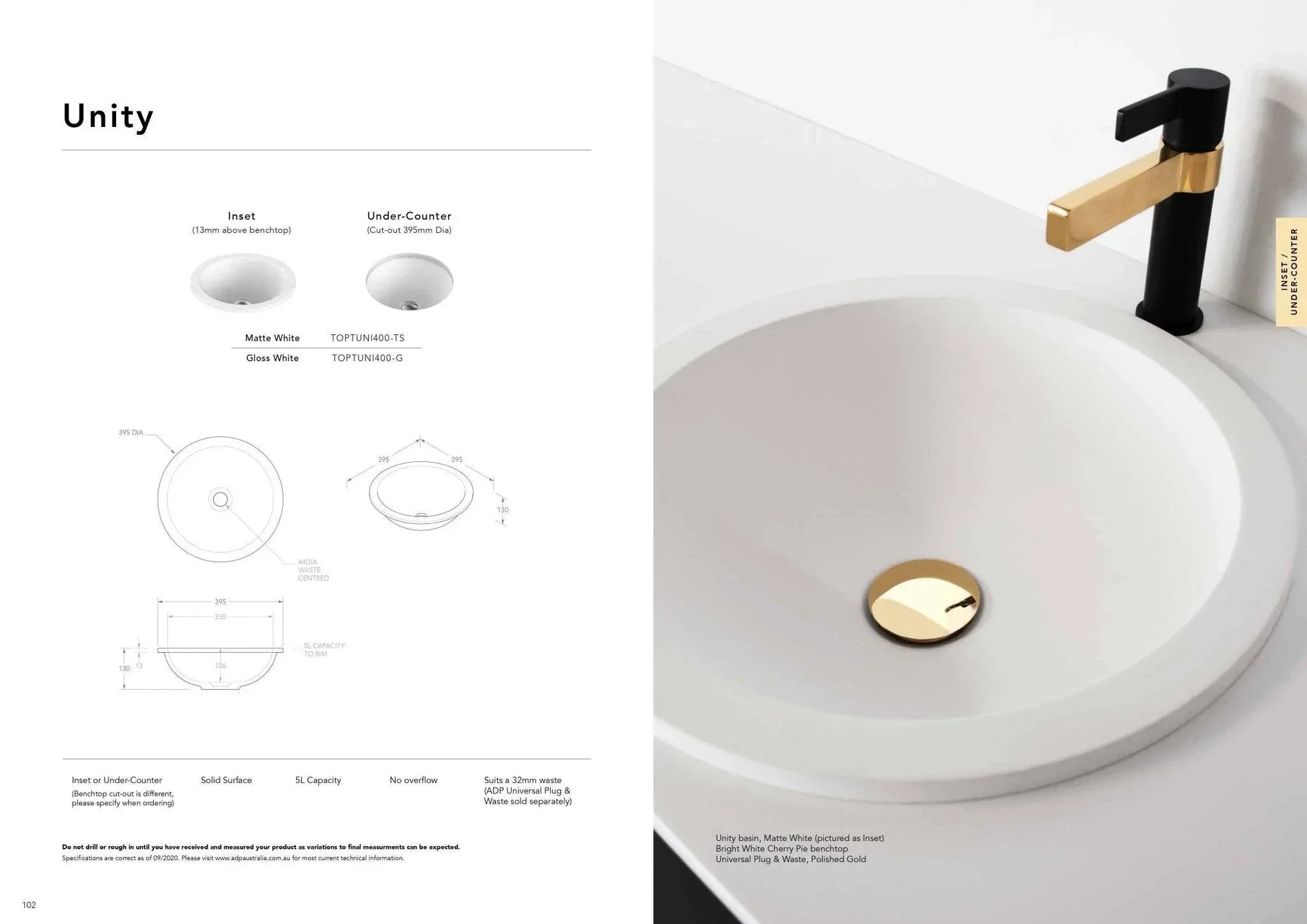 ADP Unity Solid Surface Inset/ Under Counter Basin - Matte White - Ideal Bathroom CentreTOPTUNI400 - TS