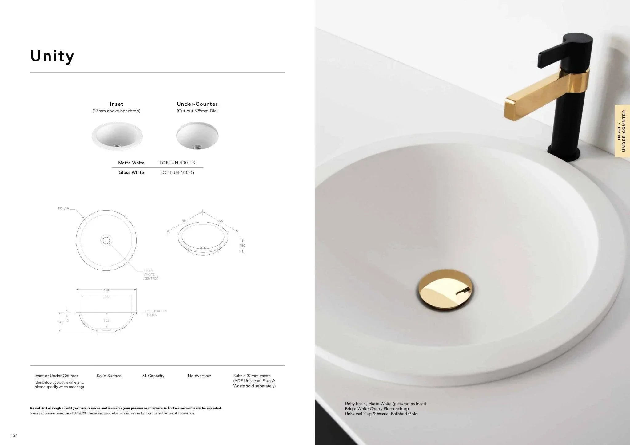 ADP Unity Solid Surface Inset/ Under Counter Basin - Matte White - Ideal Bathroom CentreTOPTUNI400 - TS