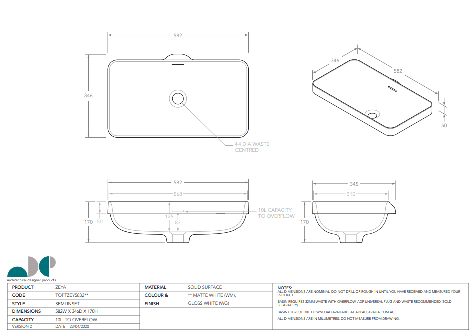 ADP Zeya Solid Surface Semi Inset Basin - Matte White - Ideal Bathroom CentreTOPSZEY5832MW