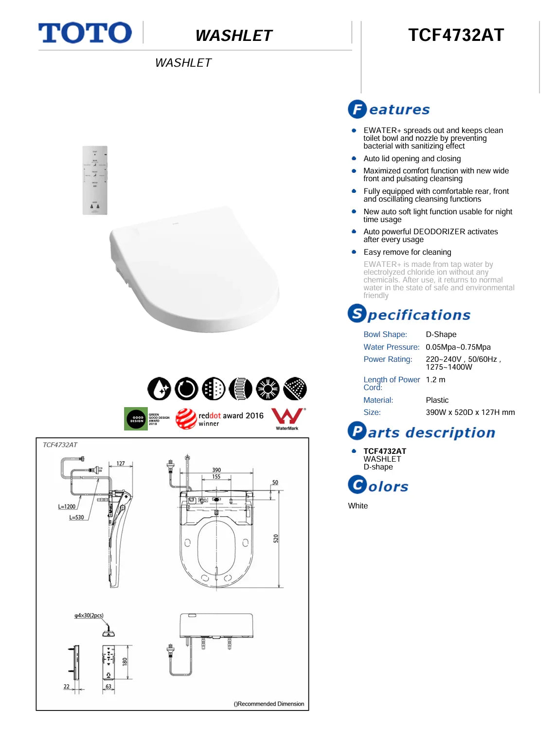 B&H Dara BTW Suite + TOTO S7 WASHLET (BHDR001BTW1#WH + TCF4732AT)