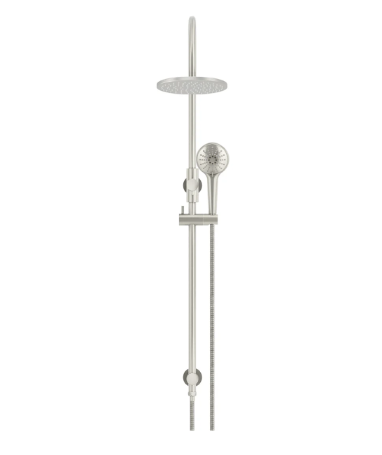 Meir 200mm Round Gooseneck Overhead Shower Rail, Three Function Hand Shower, Brushed Nickel