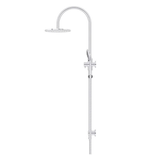 Meir 200mm Round Gooseneck Overhead Shower Rail, Three Function Hand Shower, Polished Chrome
