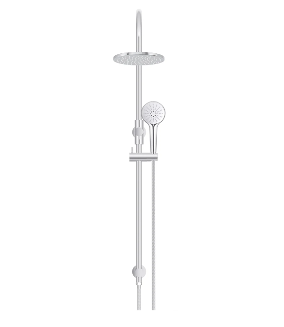 Meir 200mm Round Gooseneck Overhead Shower Rail, Three Function Hand Shower, Polished Chrome