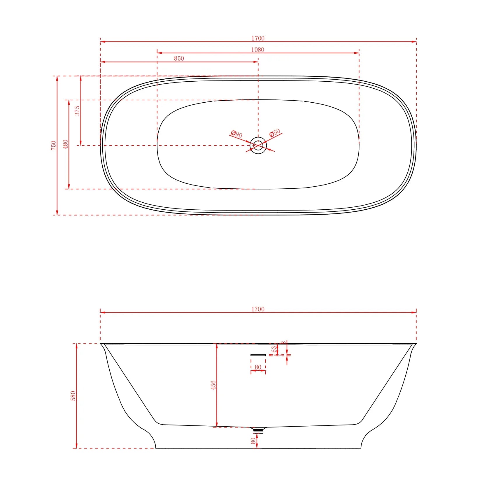 Milano Brighton 1700mm Freestanding Bath Gloss White