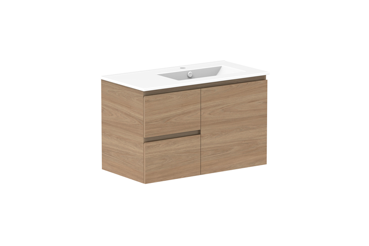 ADP Glacier Door & Drawer Twin Wall Hung Vanity - 900mm / Ceramic Moulded Top / Right Hand Bowl