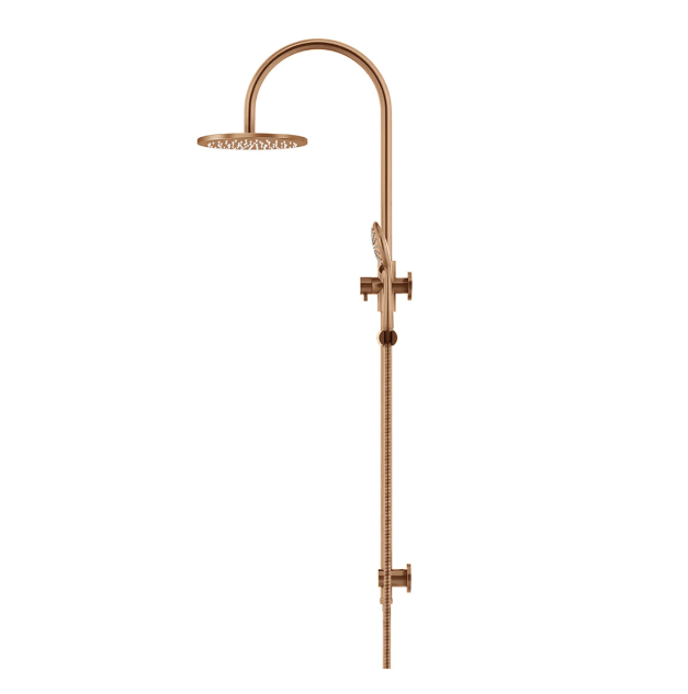 Meir 200mm Round Gooseneck Overhead Shower Rail, Three Function Hand Shower, Lustre Bronze