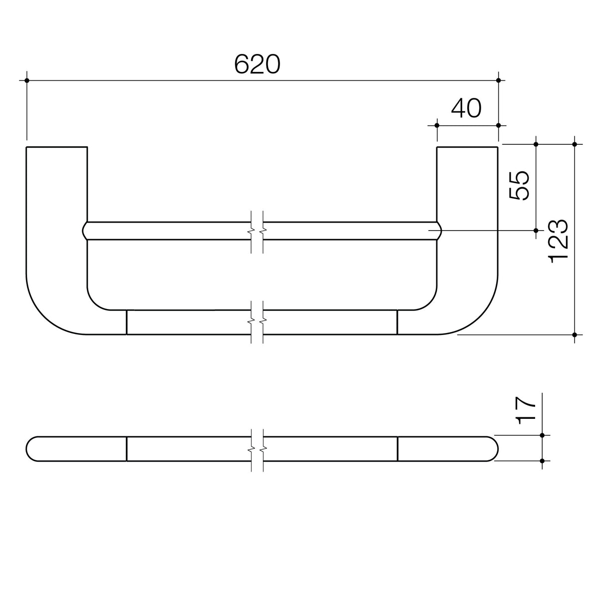Caroma Contura II 620mm Double Towel Rail technical dimensions
